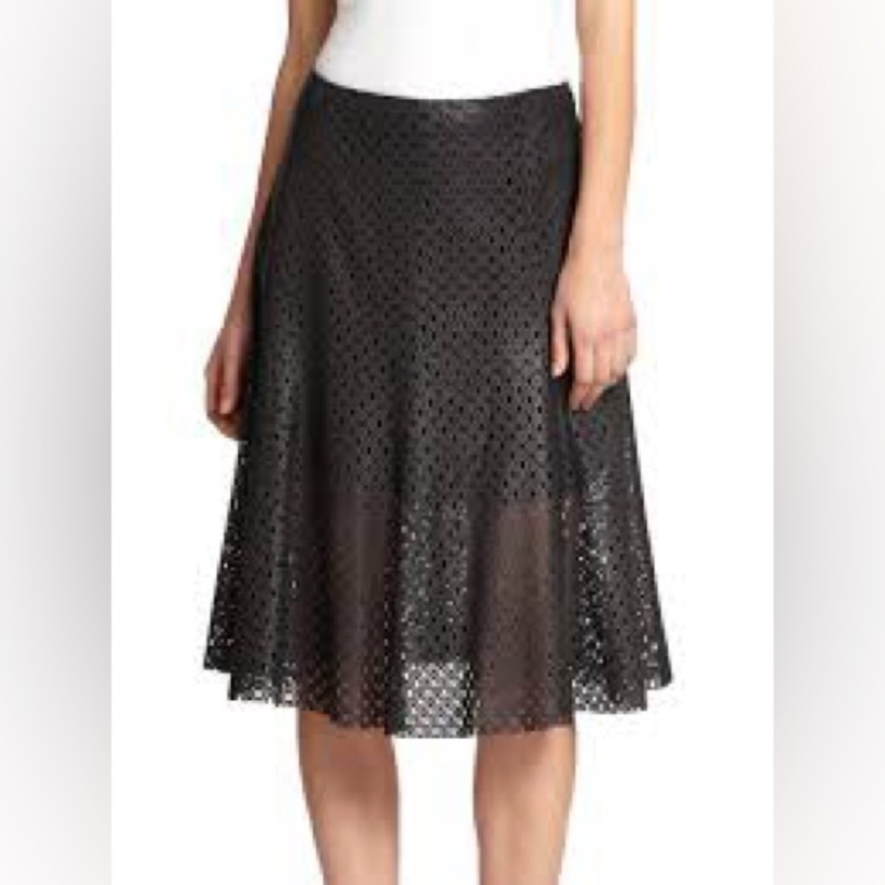 NWT Theory Black Leather Lasercut Bhima Midi Skirt, 6, $895